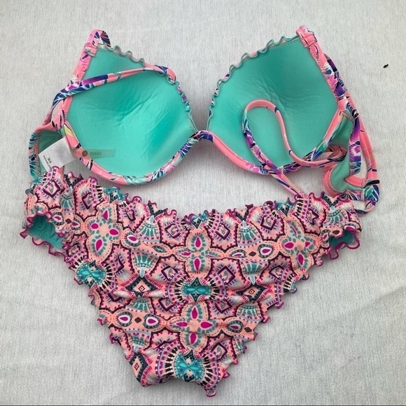 Shade & Shore Pink Ruffled Bikini Size 38B Floral Geometric - Picture 2 of 4